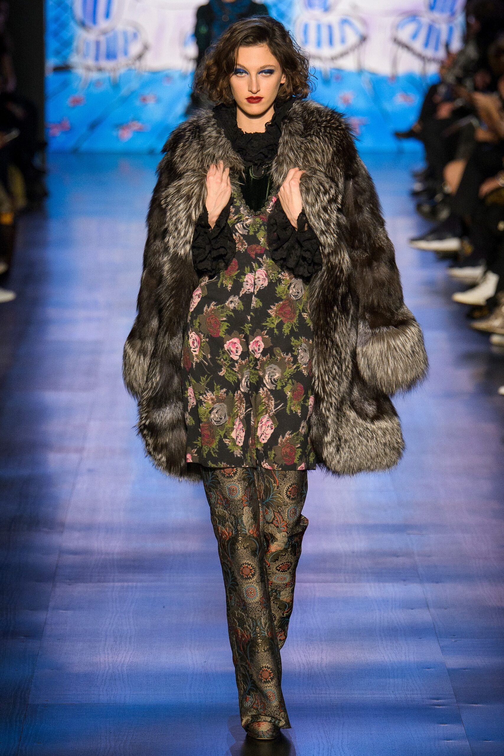 floral mini dress with faux-fur coat