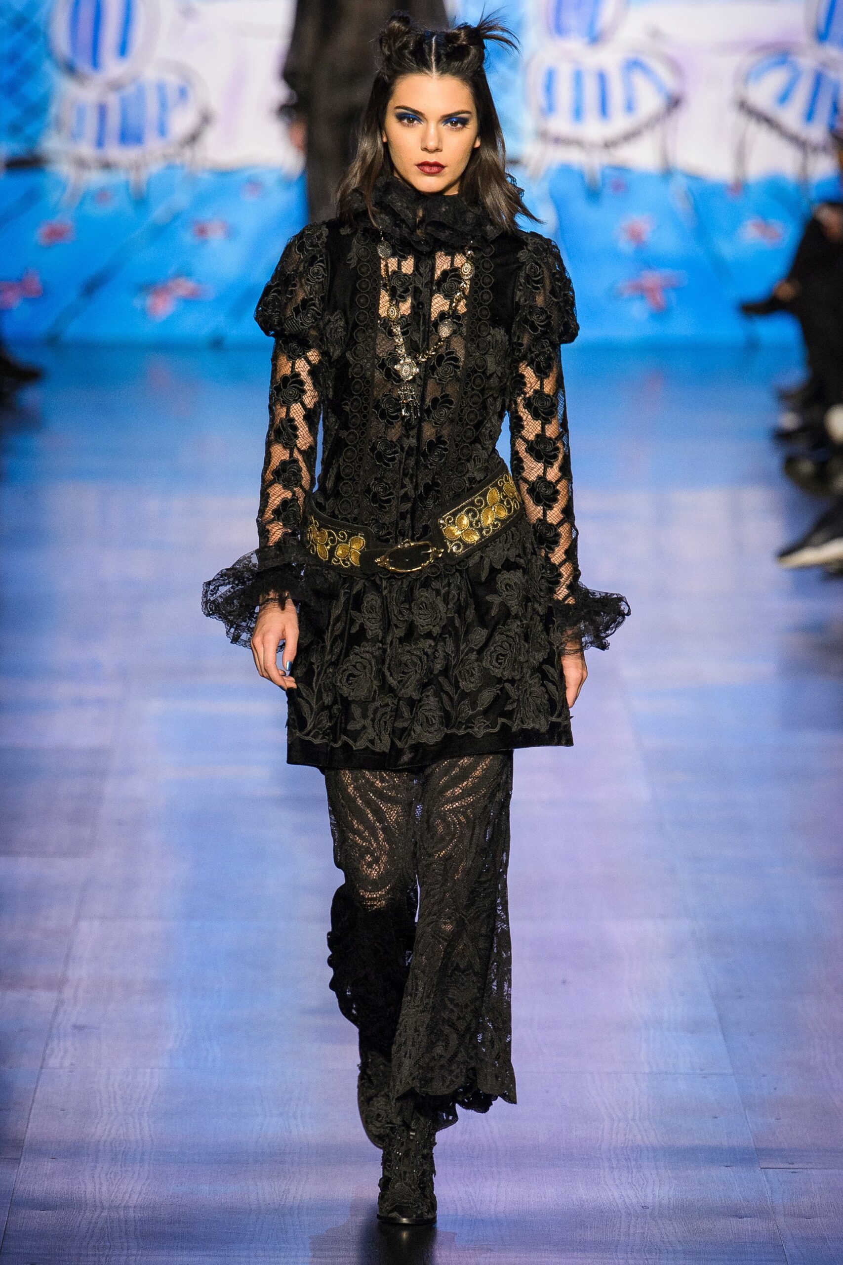 black lace mini dress with flared pants