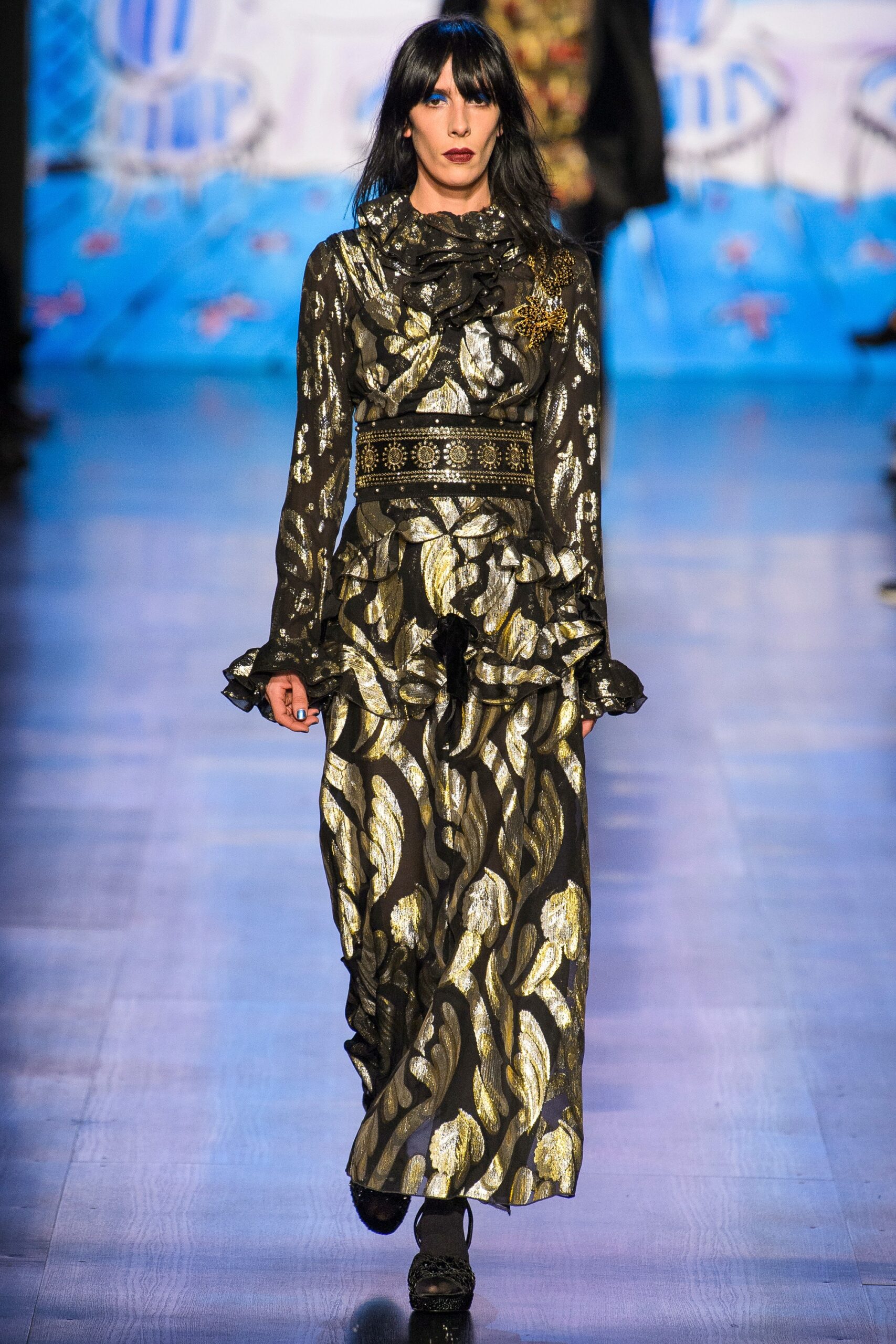 black and gold ruffled maxi dress