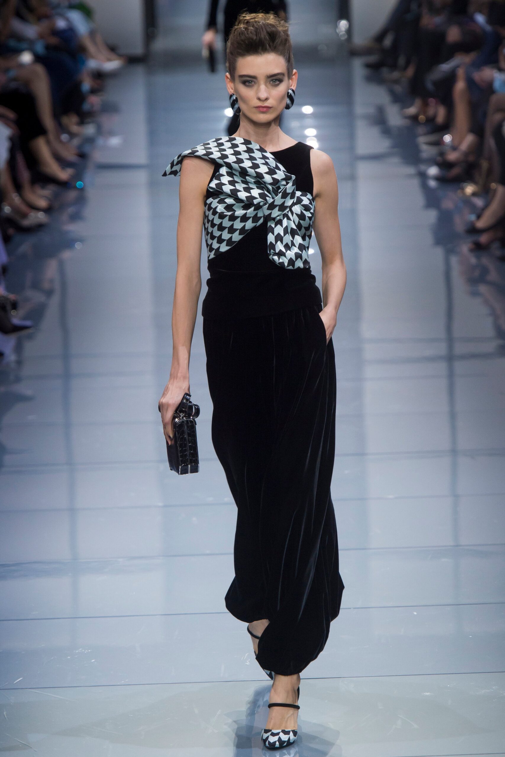 black and white asymmetric top with velvet skirt