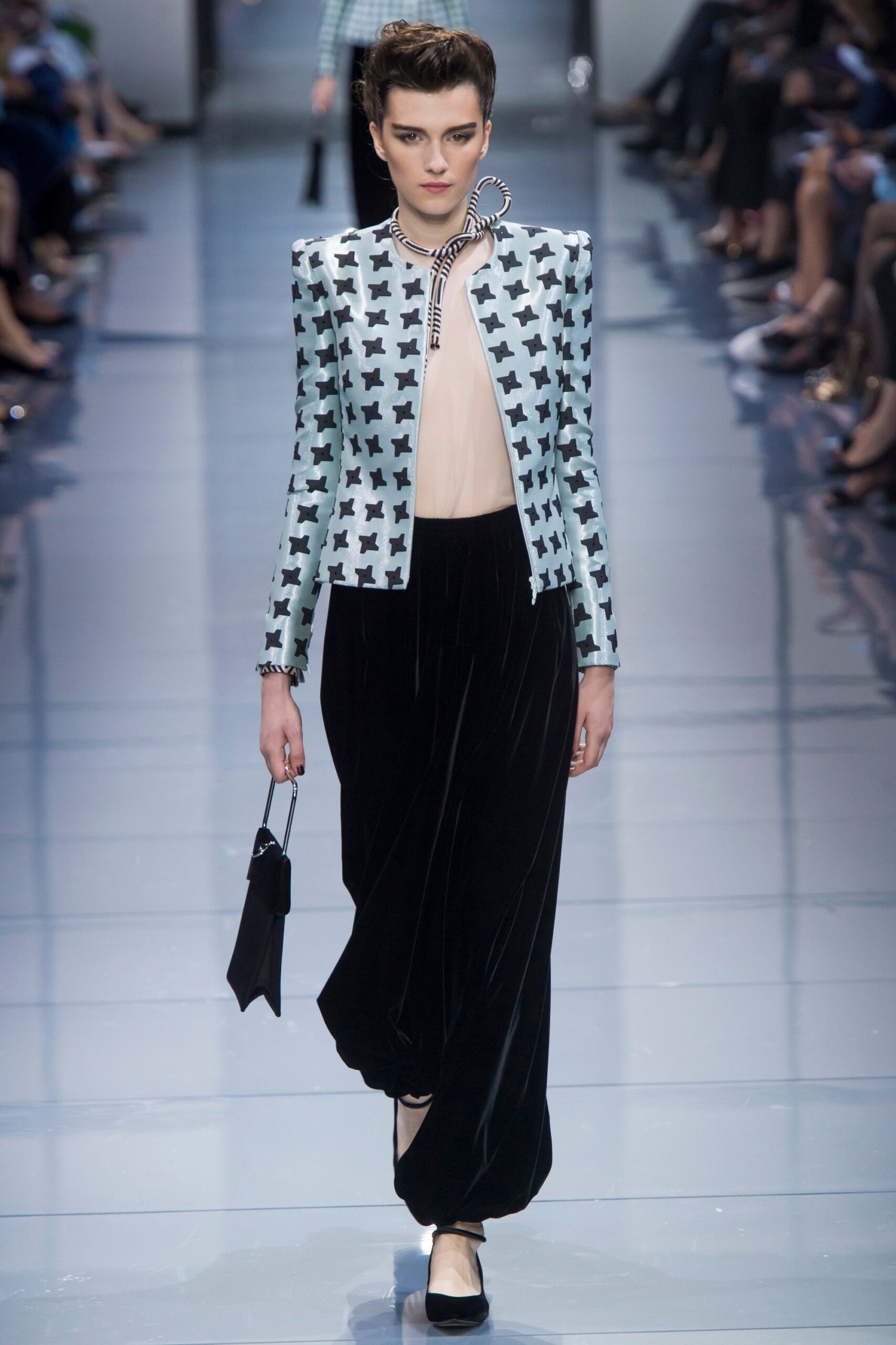 tailored black and blue printed blazer with velvet skirt