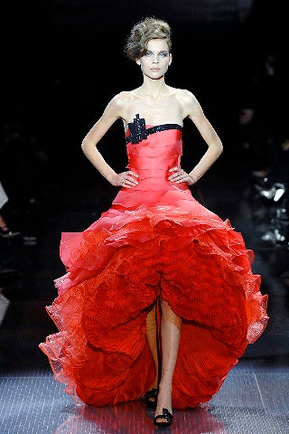red silk strapless gown