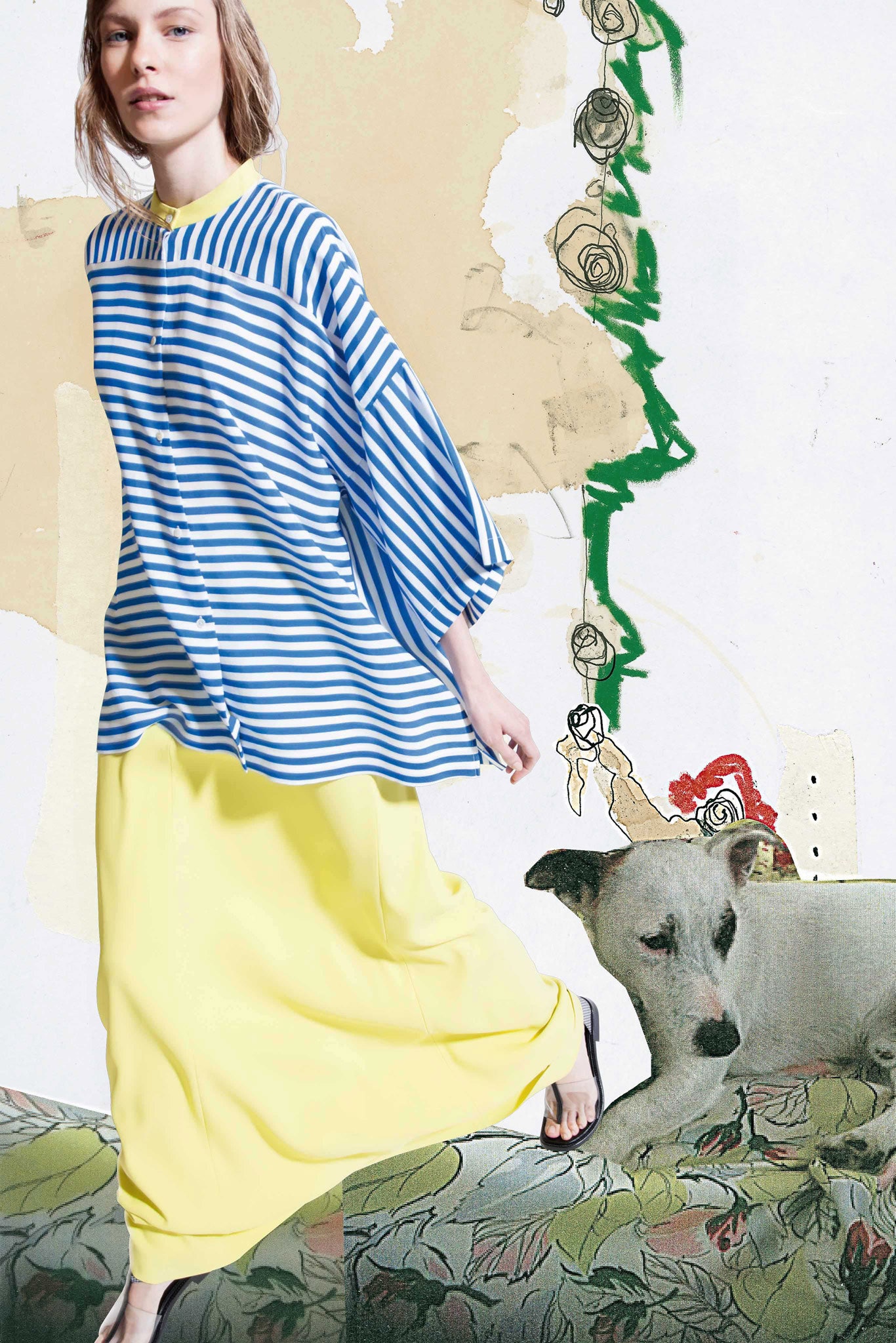 blue striped top and yellow dress