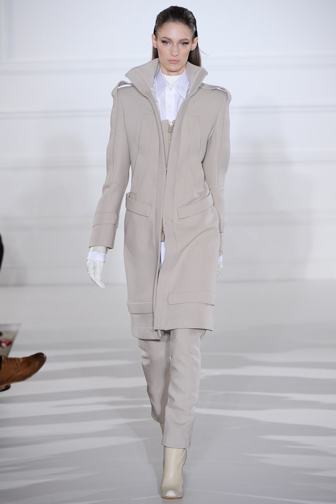 beige wool coat with fitted pants