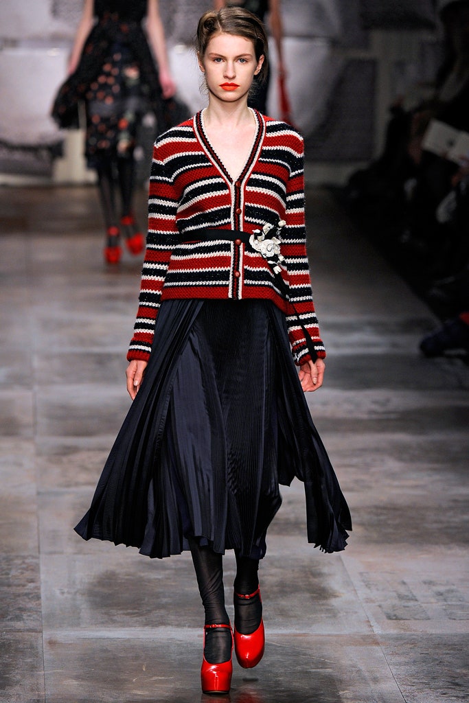 striped cardigan and pleated skirt