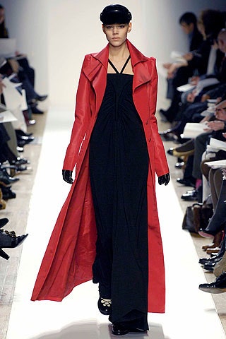 red silk long-sleeve collared fitted draped coat