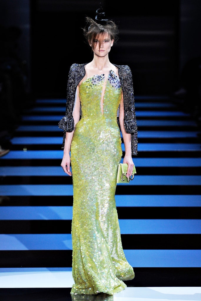 yellow sequin gown with black jacket