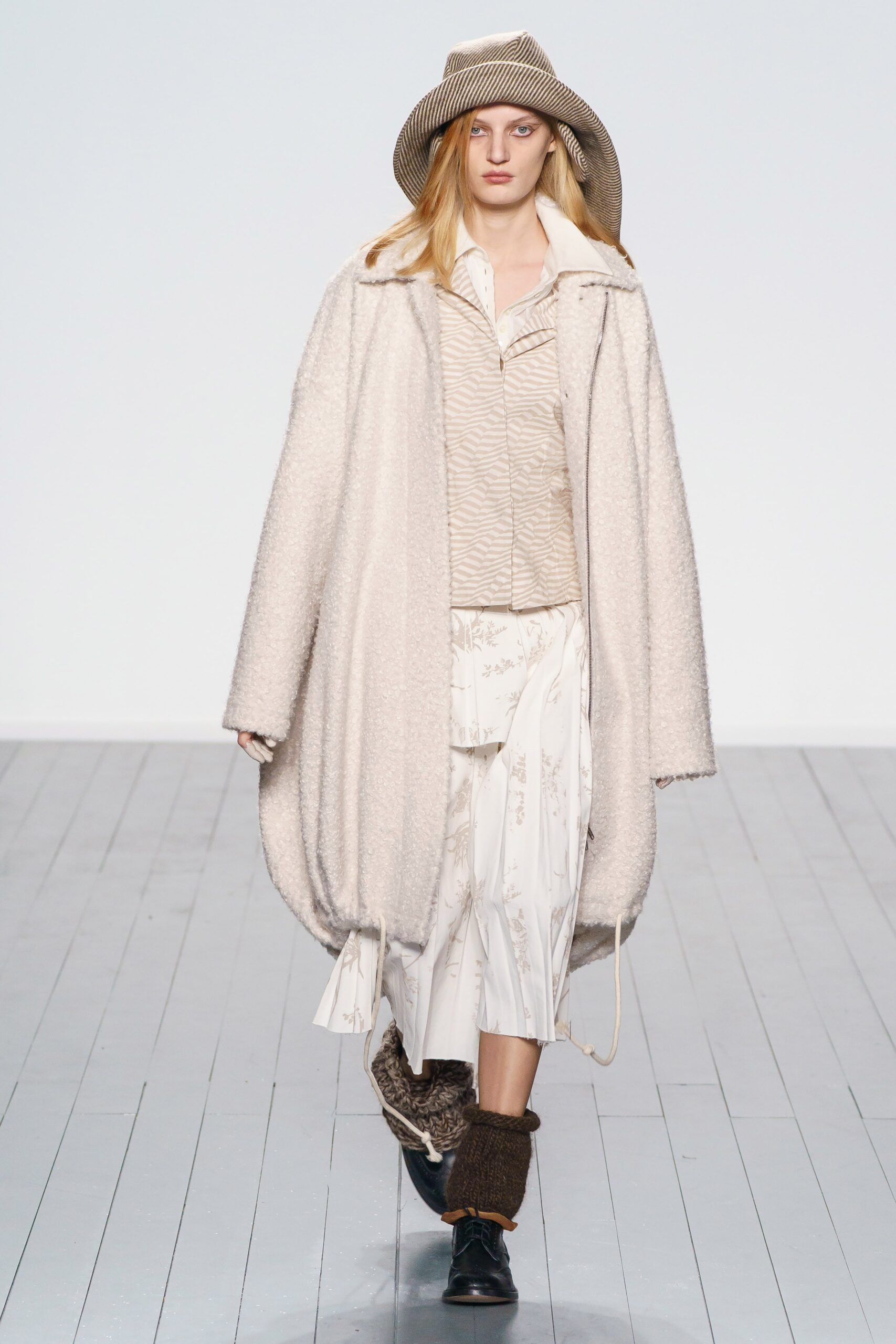 beige wool long-sleeve oversized draped midi coat
