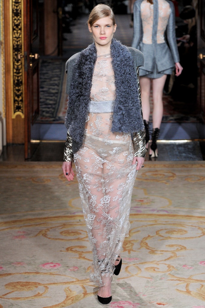 gray faux-fur long-sleeve structured zippered jacket
