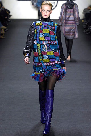 colorful mini dress with purple boots