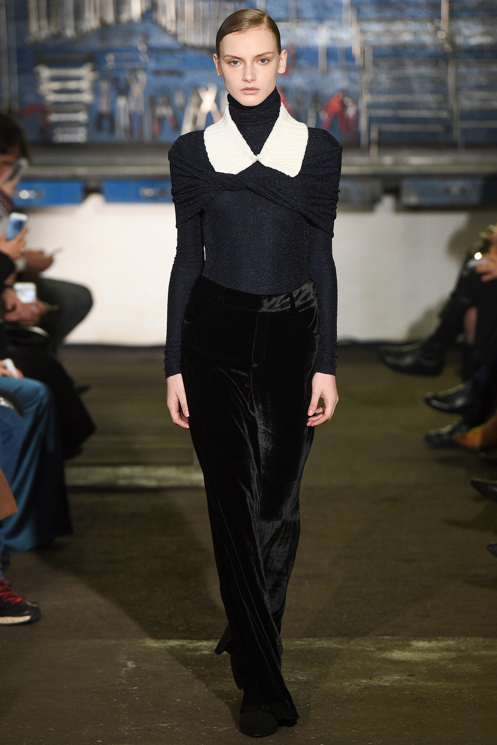 black velvet long-sleeve high-neck fitted draped top