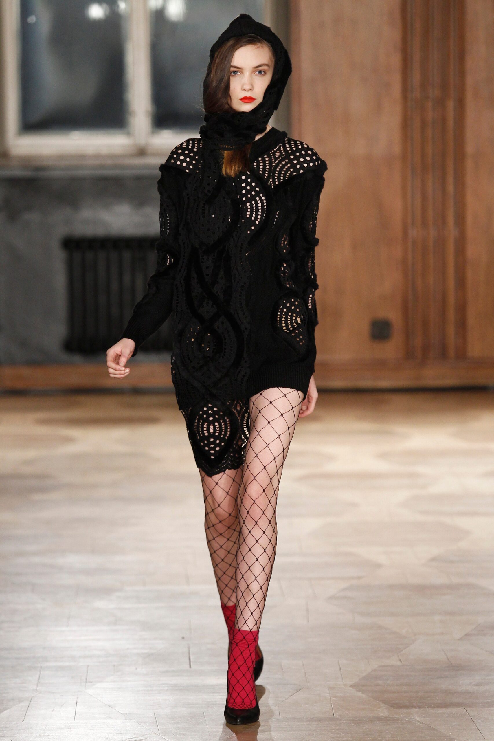 black lace hooded mini dress