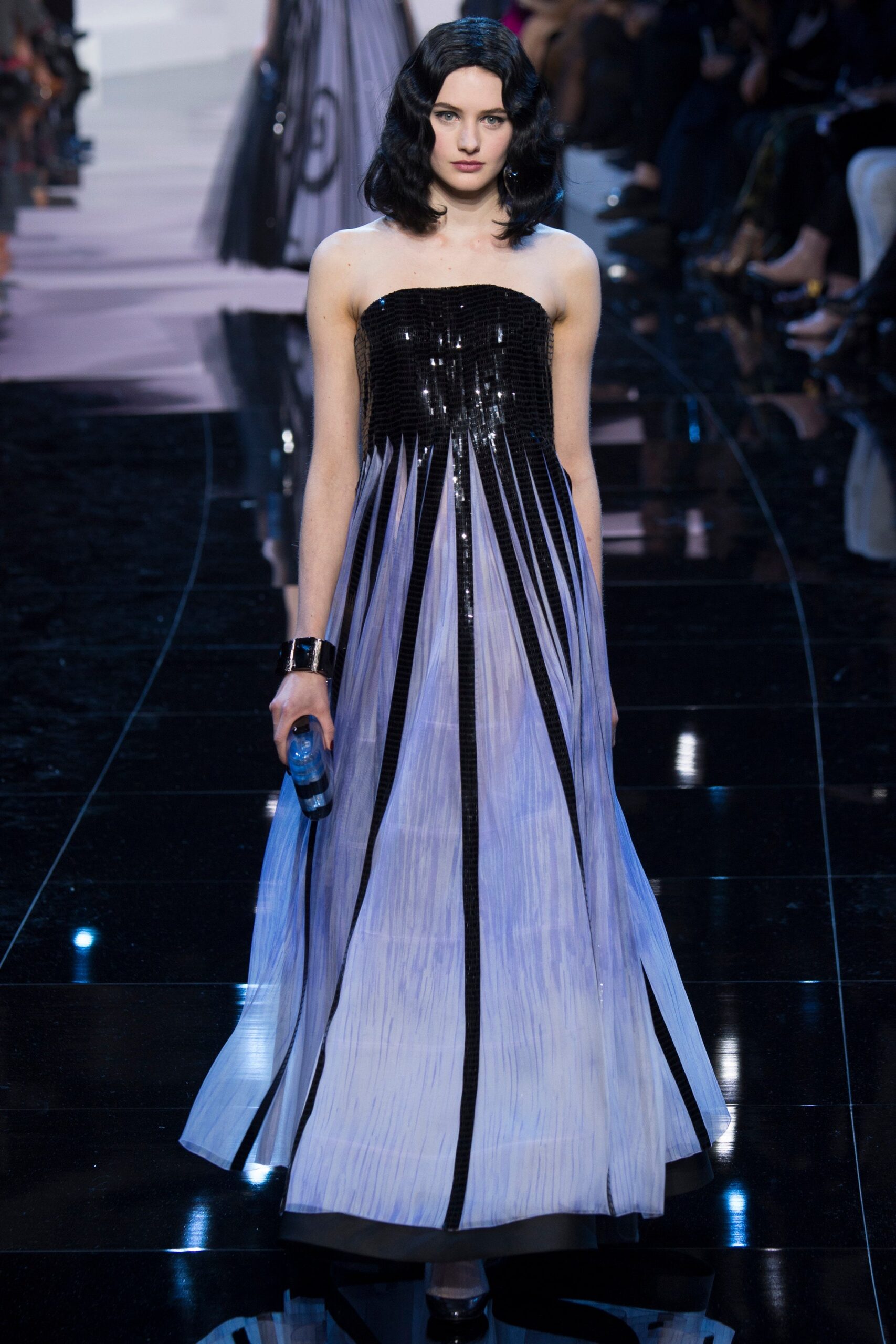 black and purple strapless gown