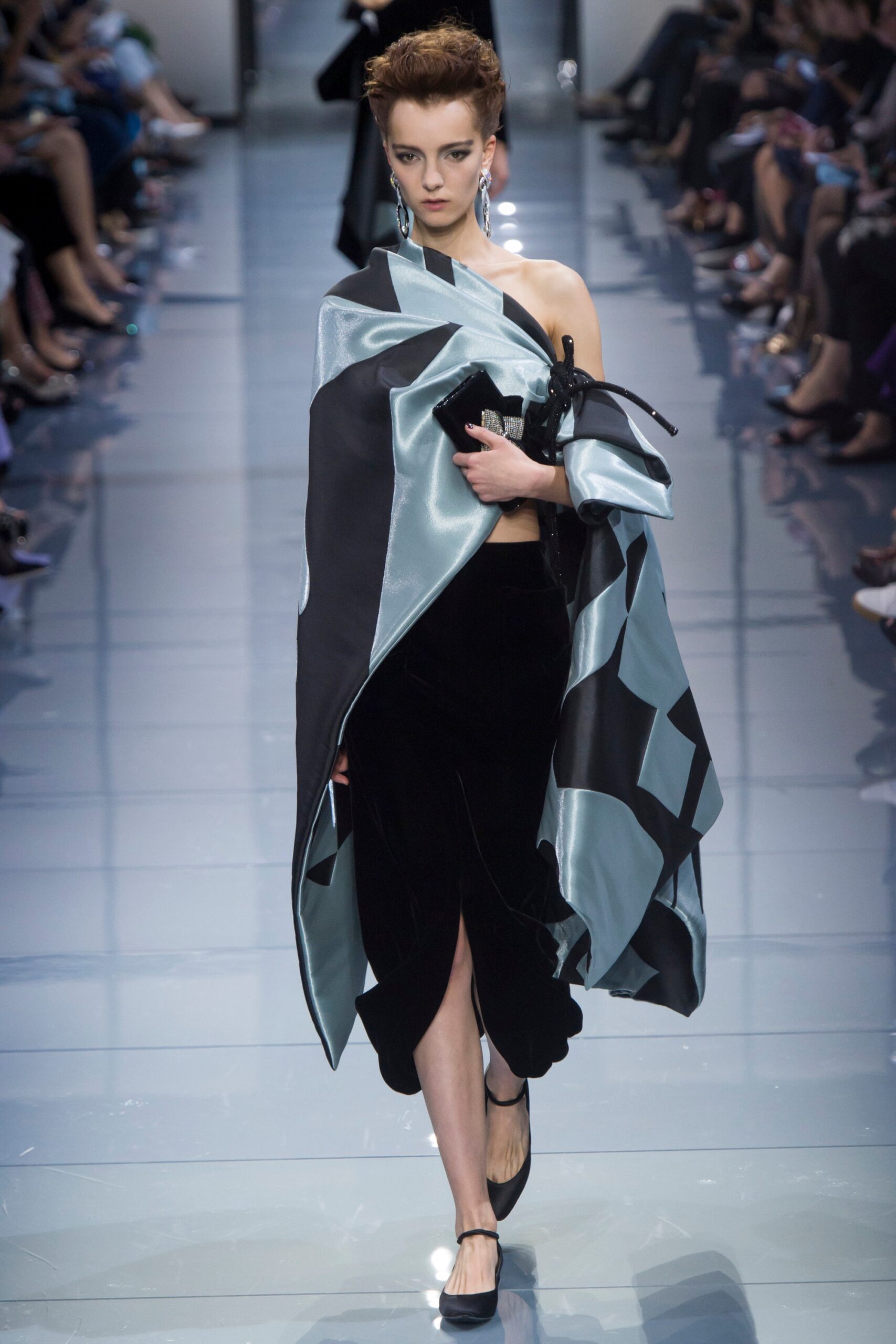 black velvet midi dress with blue silk cape