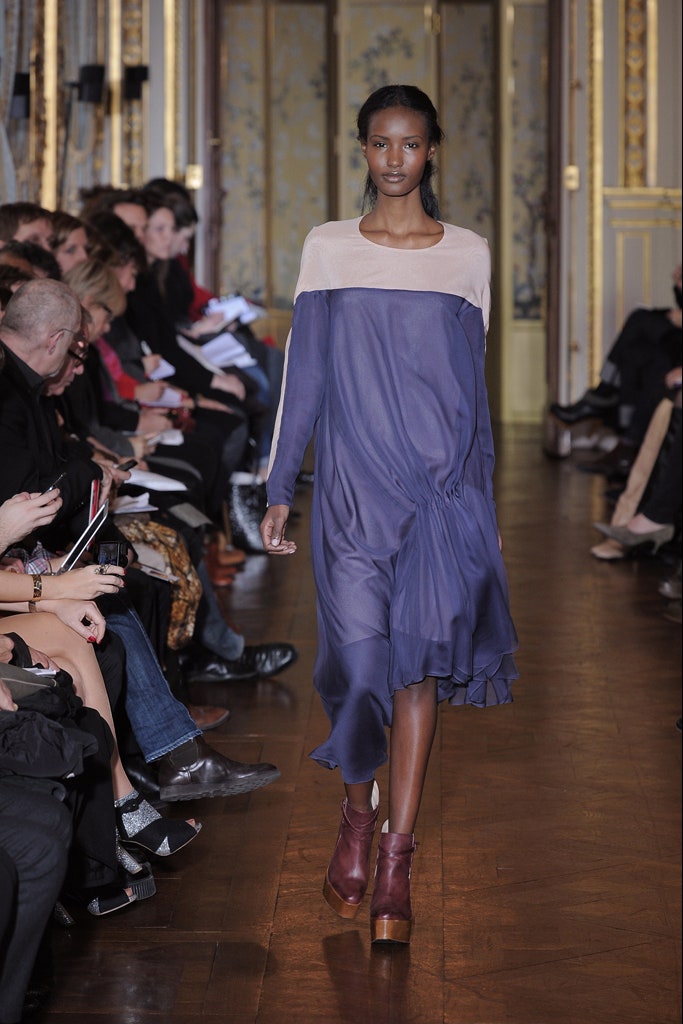 blue silk long-sleeve scoop-neck relaxed draped flowing dress