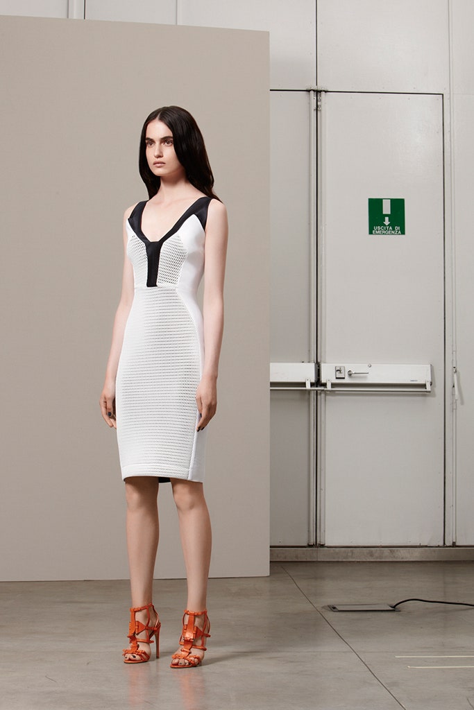 white fitted midi dress with black accents