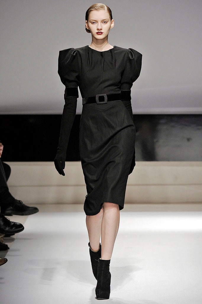 black fitted midi dress with gloves