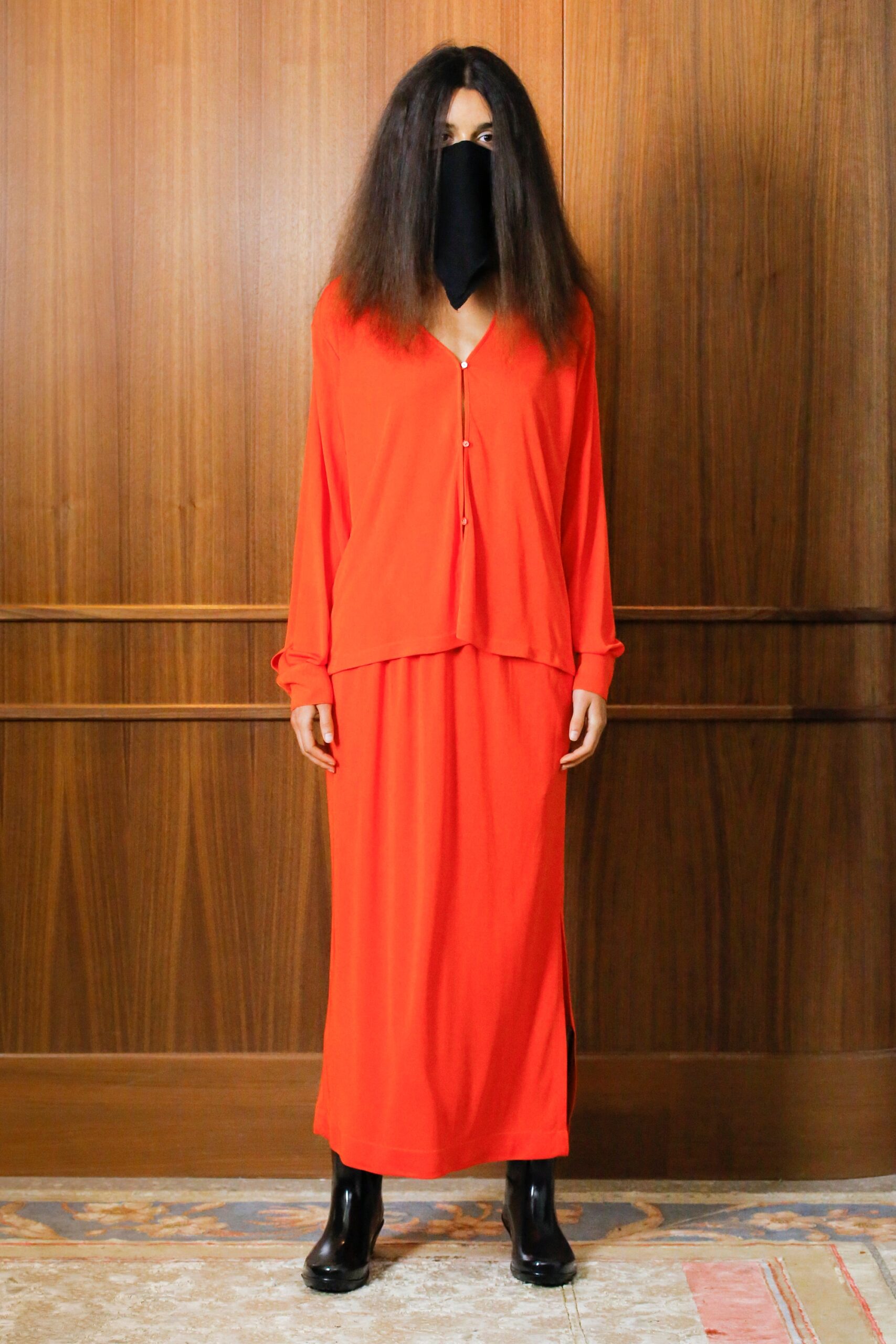 red silk top and skirt