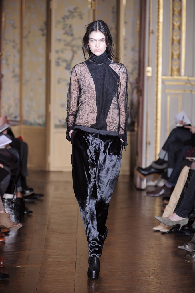 black lace top and velvet pants
