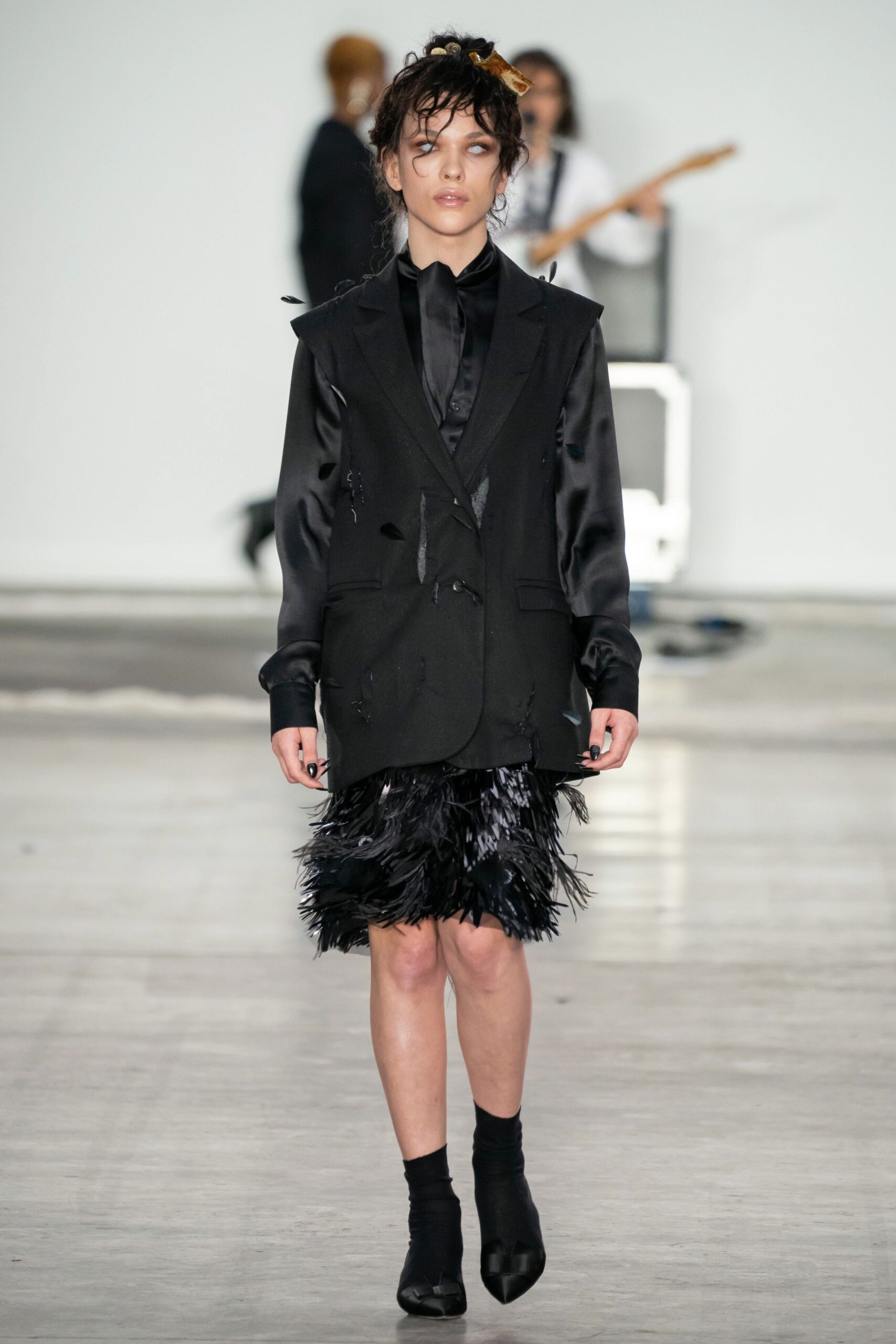 black silk tailored blazer and mini skirt