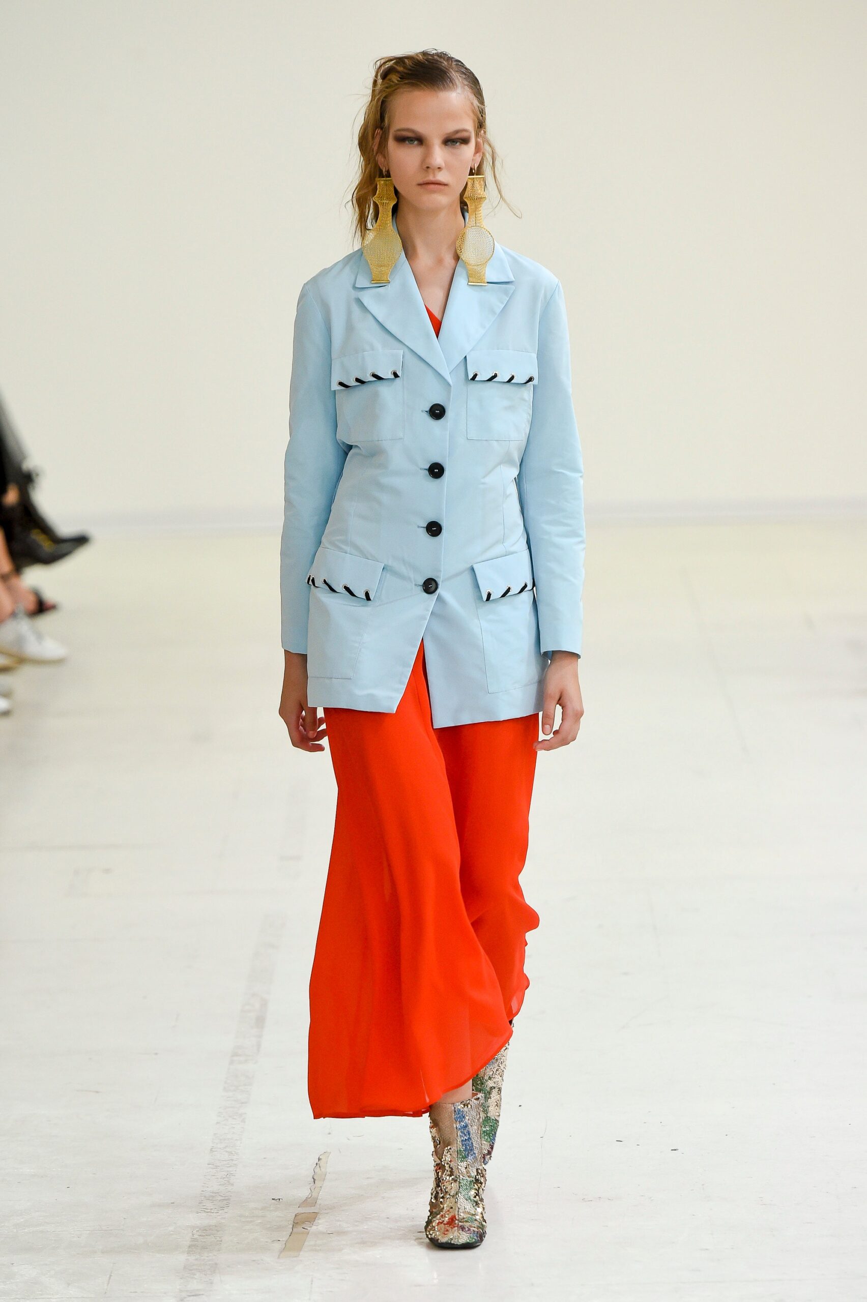 blue tailored blazer red midi dress