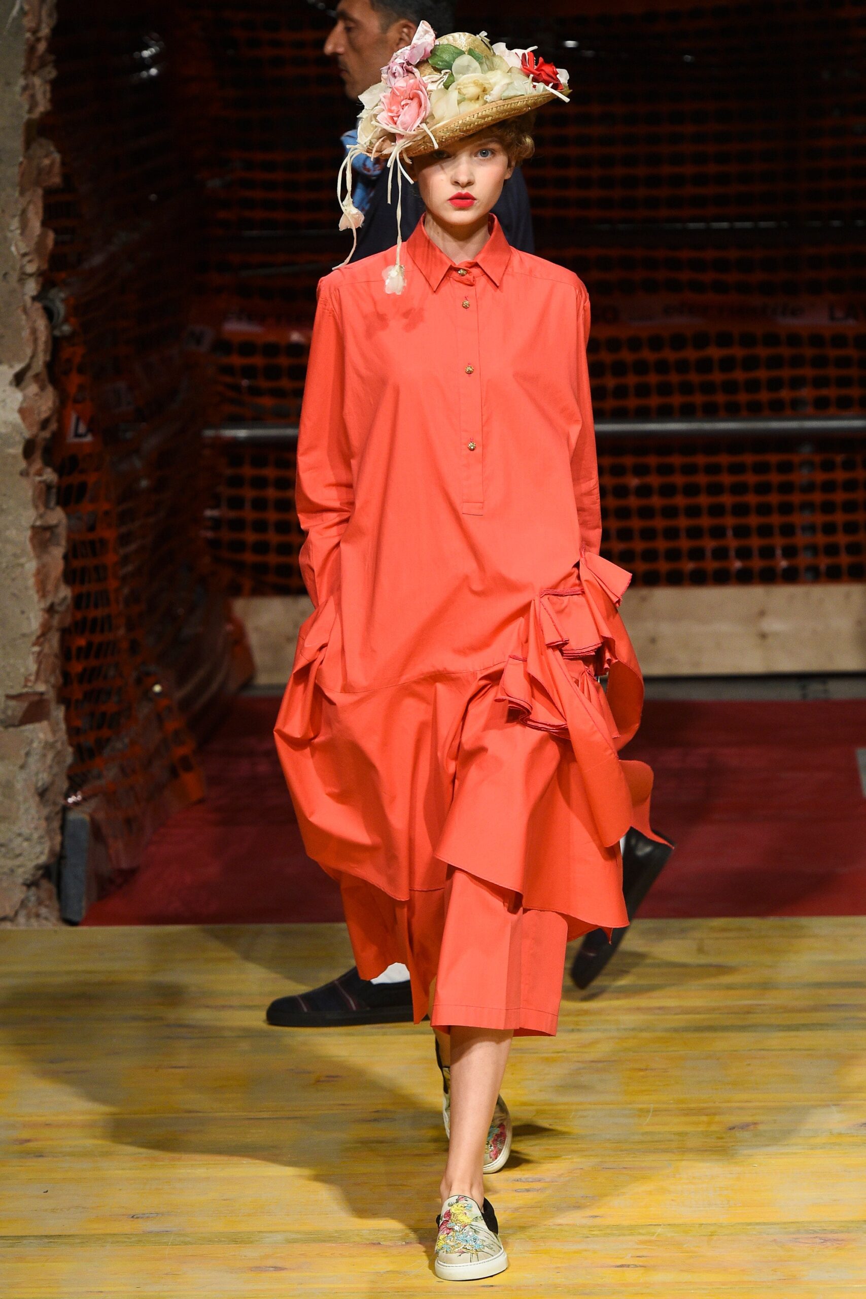 red cotton long-sleeve collared relaxed pleated layered dress