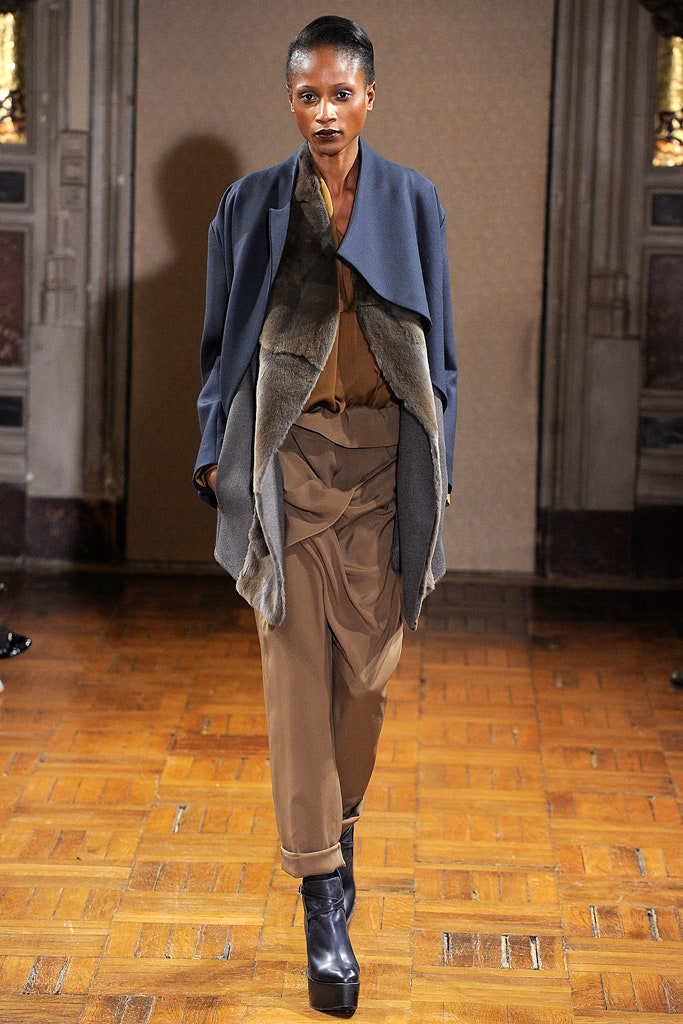 blue gray relaxed coat with brown blouse