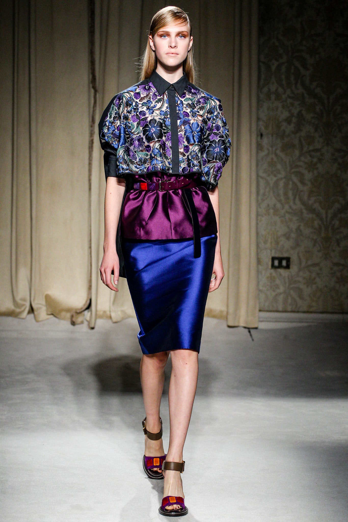 purple silk short-sleeve collared relaxed embroidered blouse