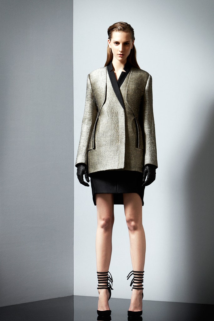 gold silk long-sleeve collared structured zippered shiny blazer