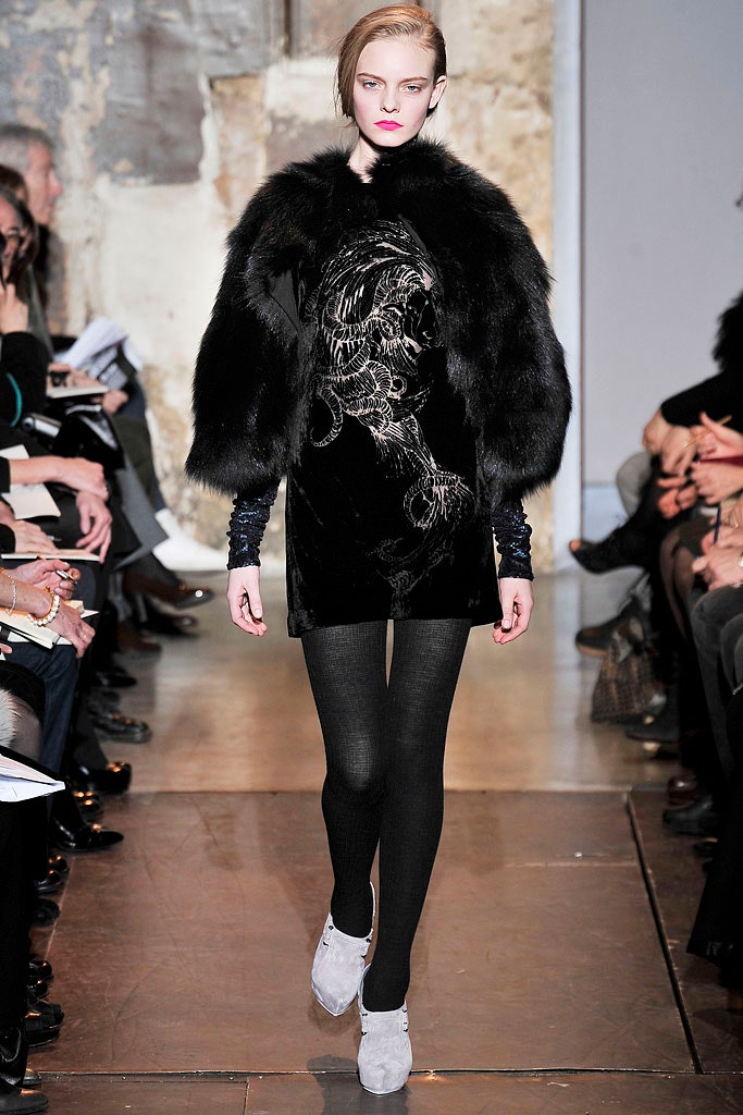 black velvet mini dress with faux-fur coat