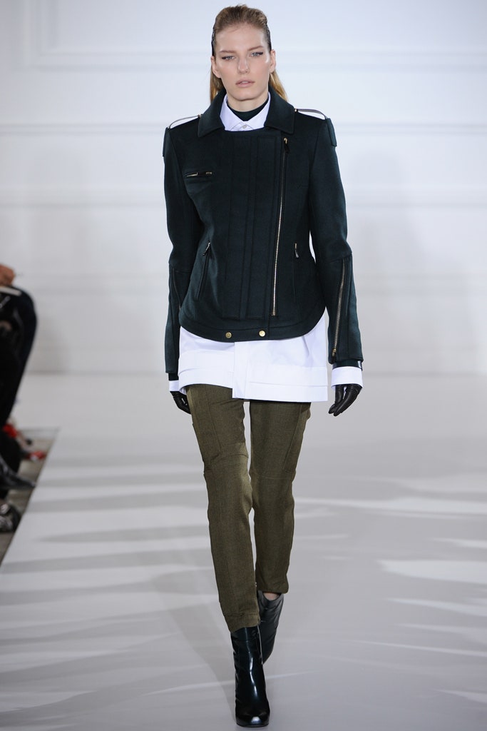 green fitted jacket with white shirt
