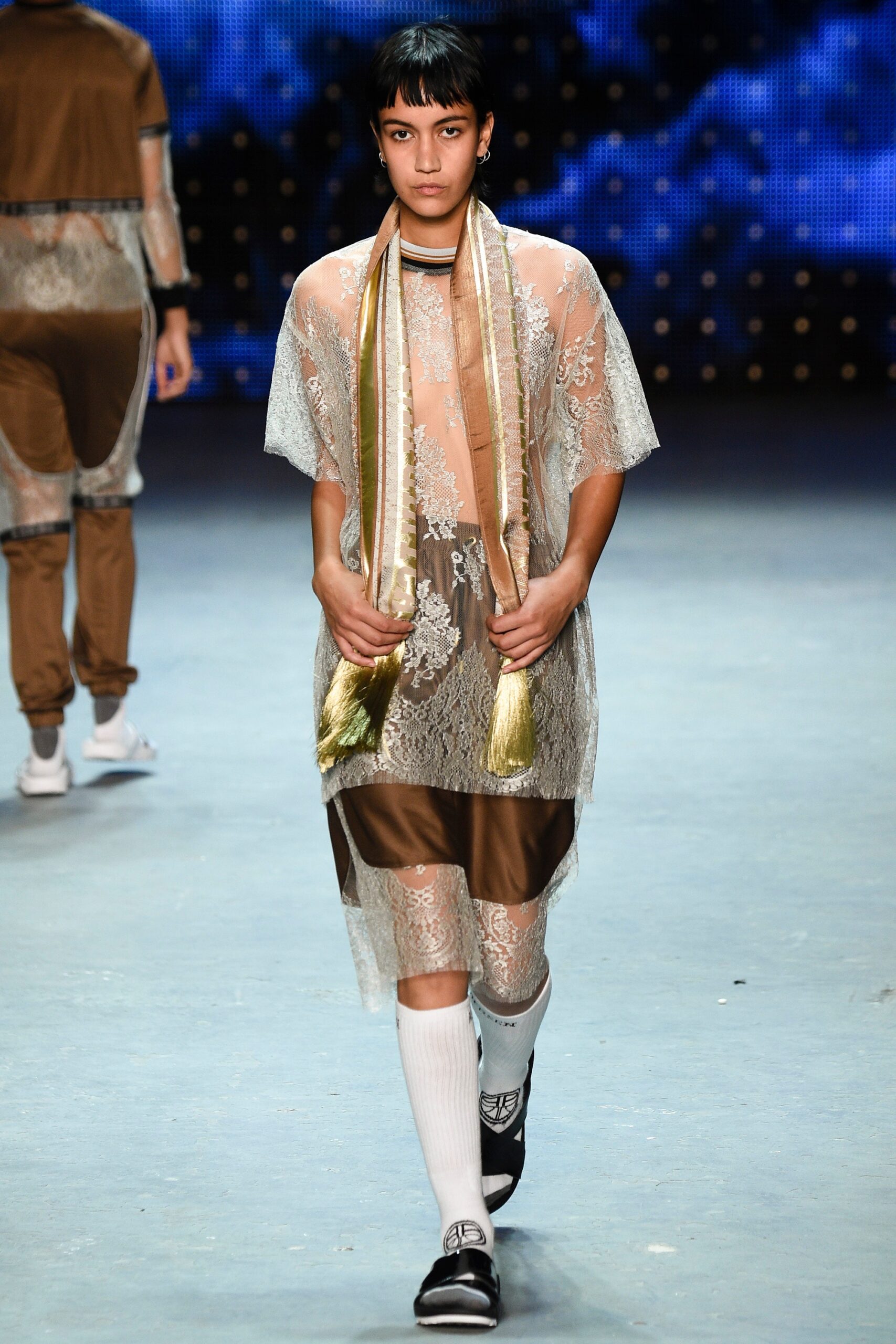 beige lace midi dress with scarf