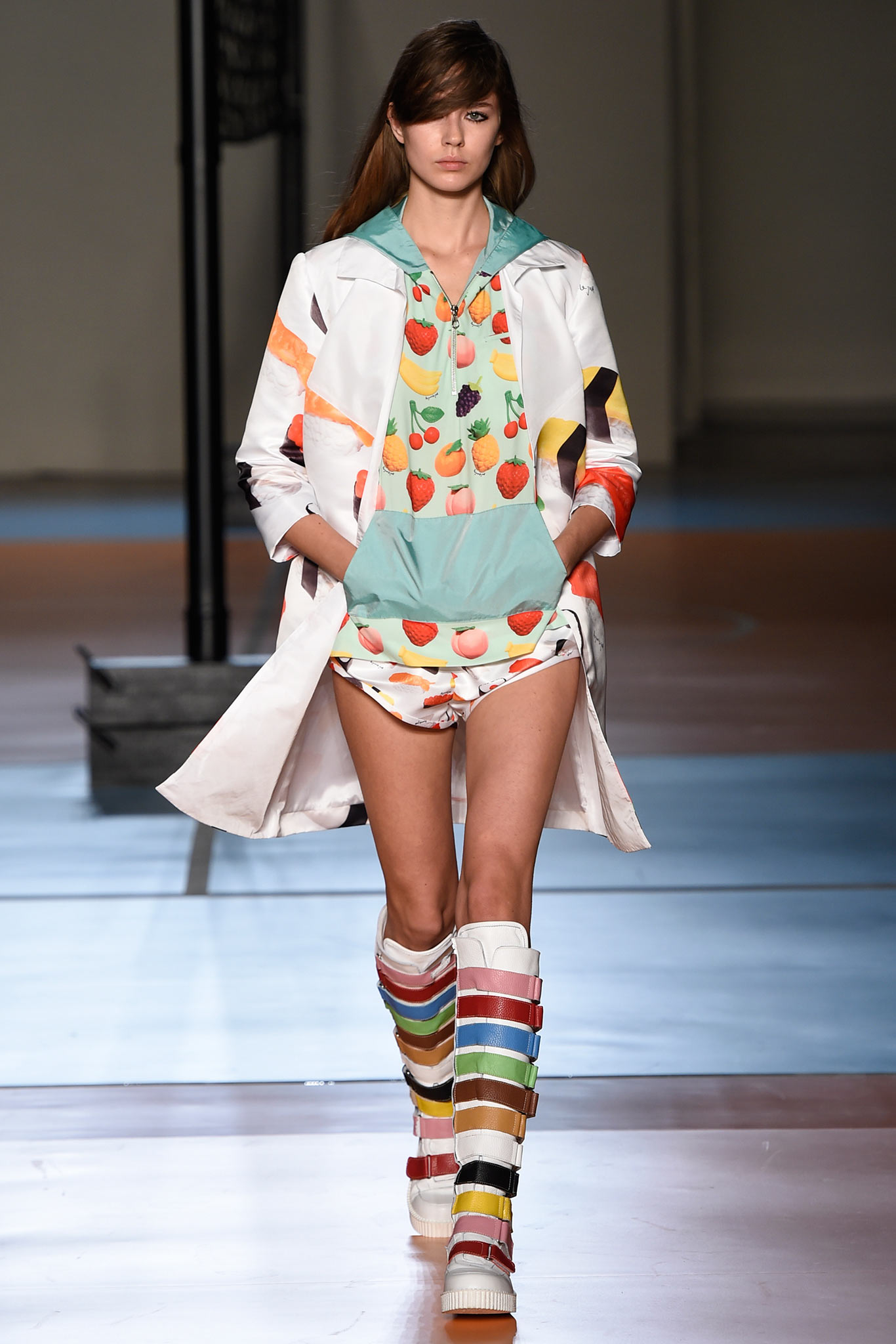 color-blocked coat and hoodie outfit