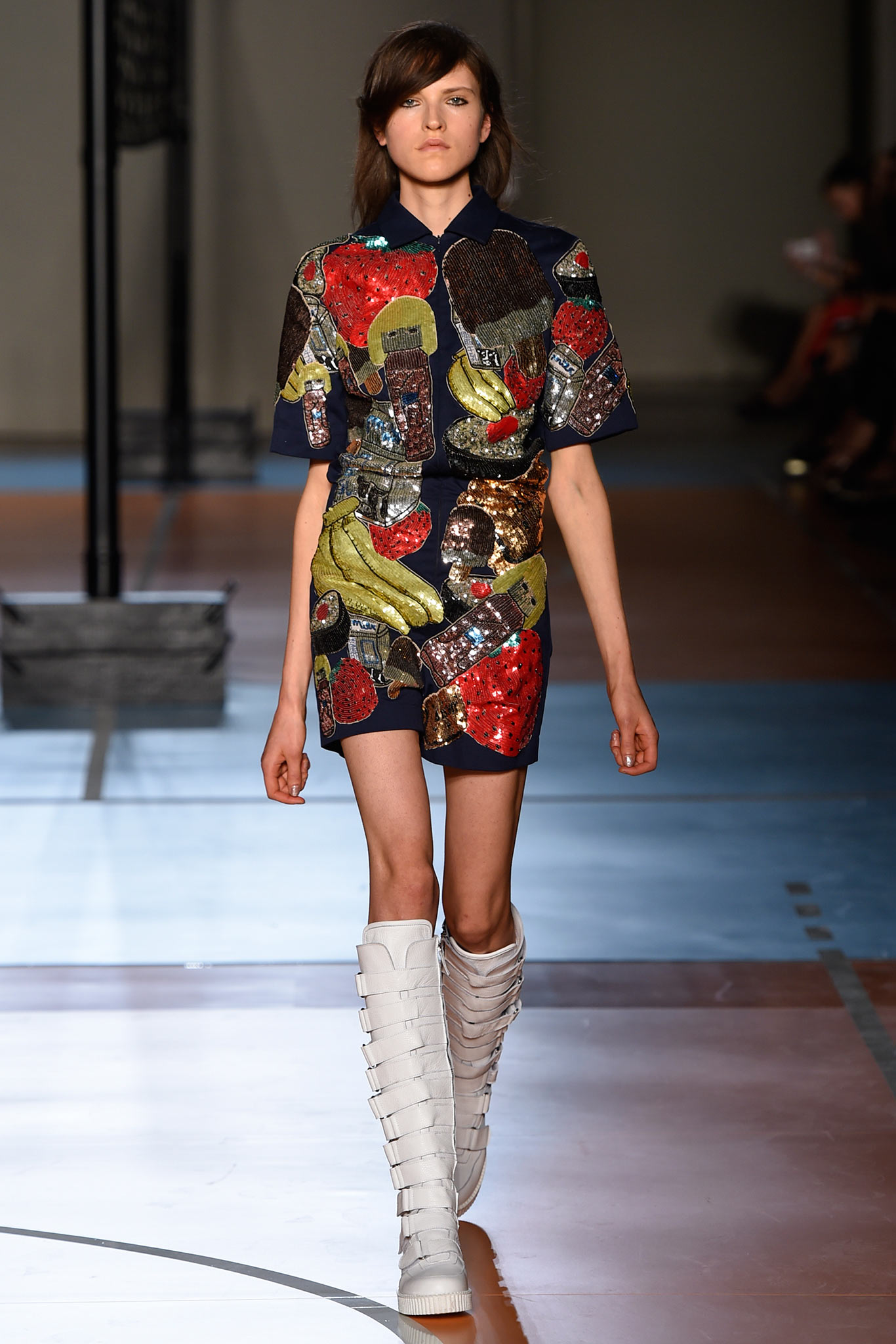multi sequin short-sleeve collared fitted embellished shiny dress