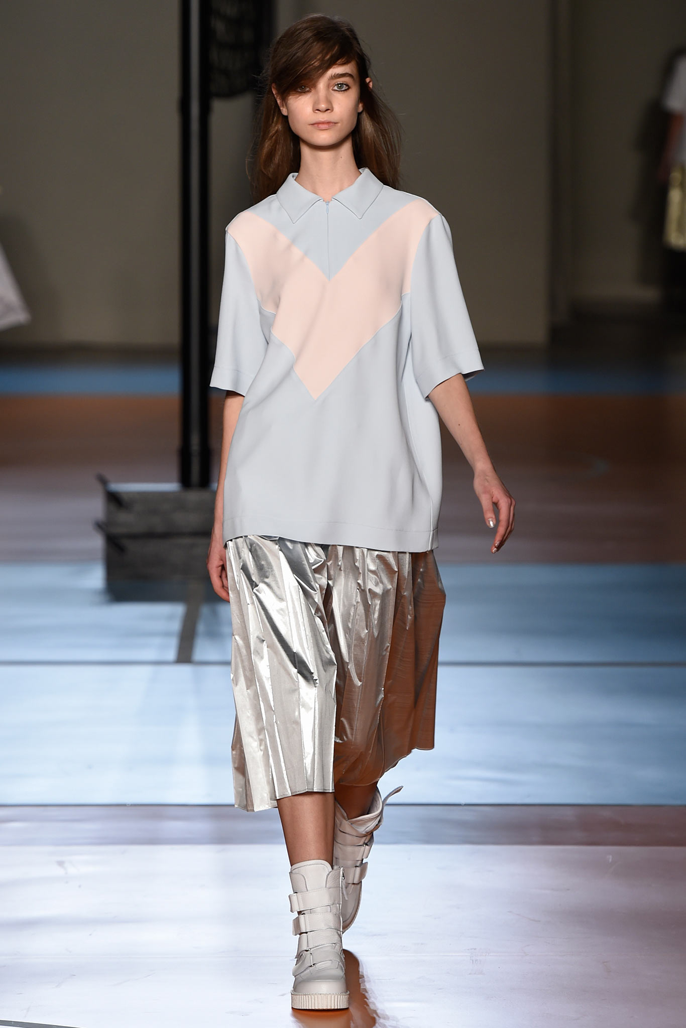 gray metallic fitted pleated shiny midi skirt