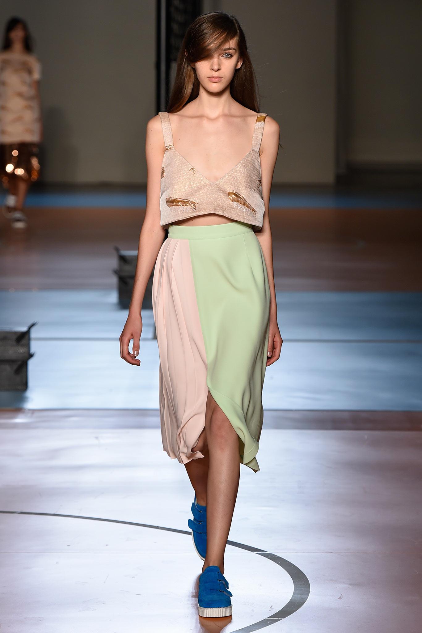 beige embellished top with asymmetric skirt