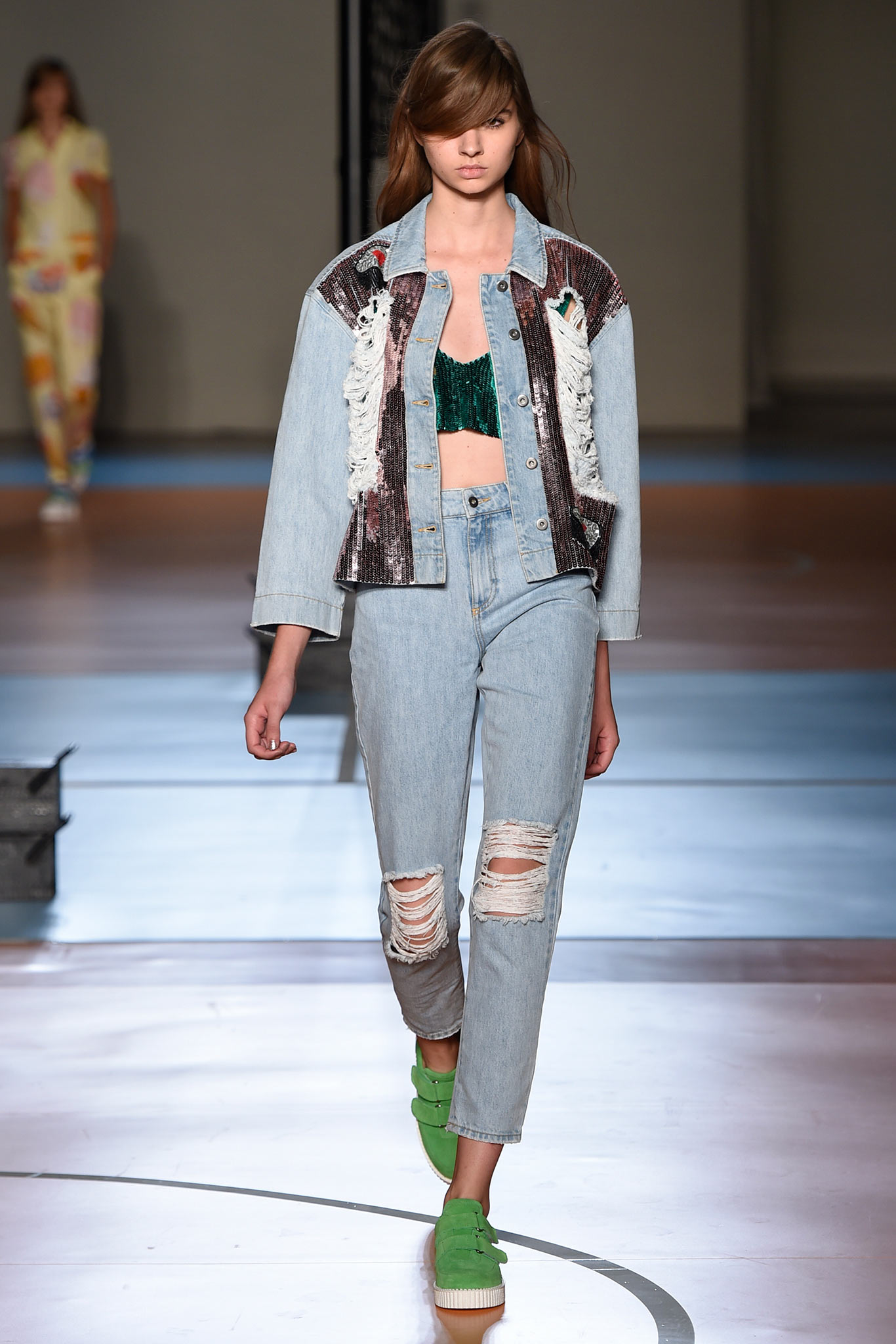 blue denim long-sleeve collared fitted embroidered zippered jacket