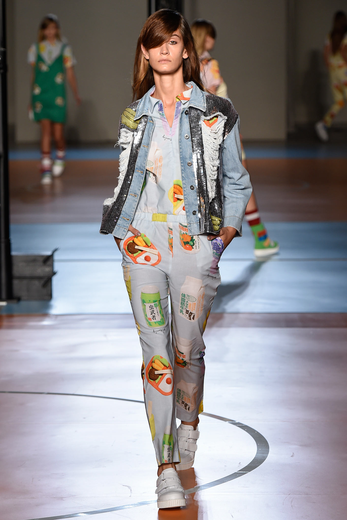 blue denim jacket with multi printed jumpsuit