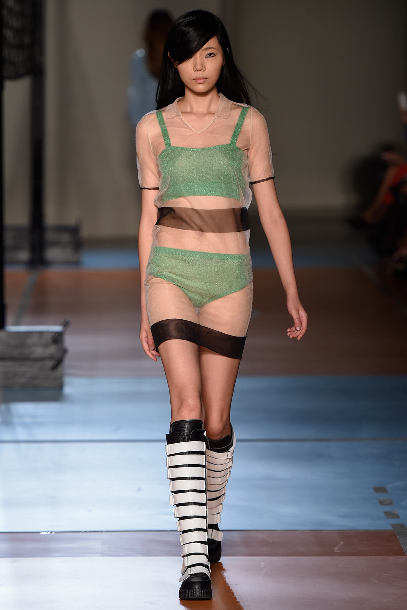 green mesh sleeveless high-neck fitted layered sheer top