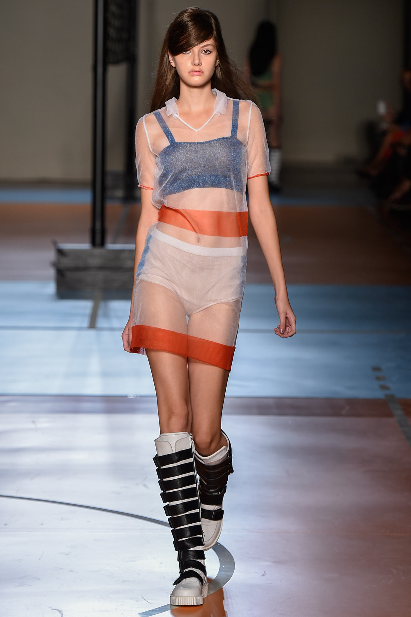 sheer color-blocked dress with black boots
