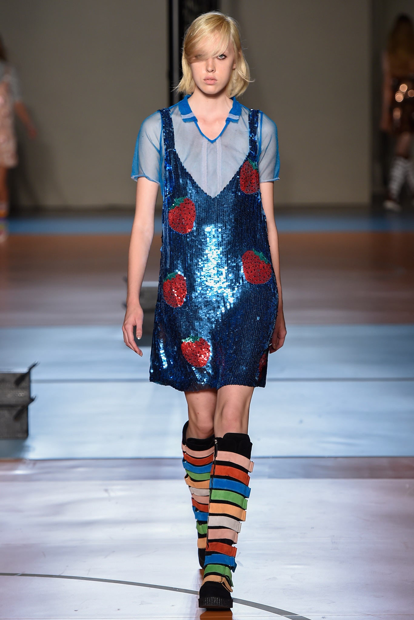 blue sequin mini dress with sheer top