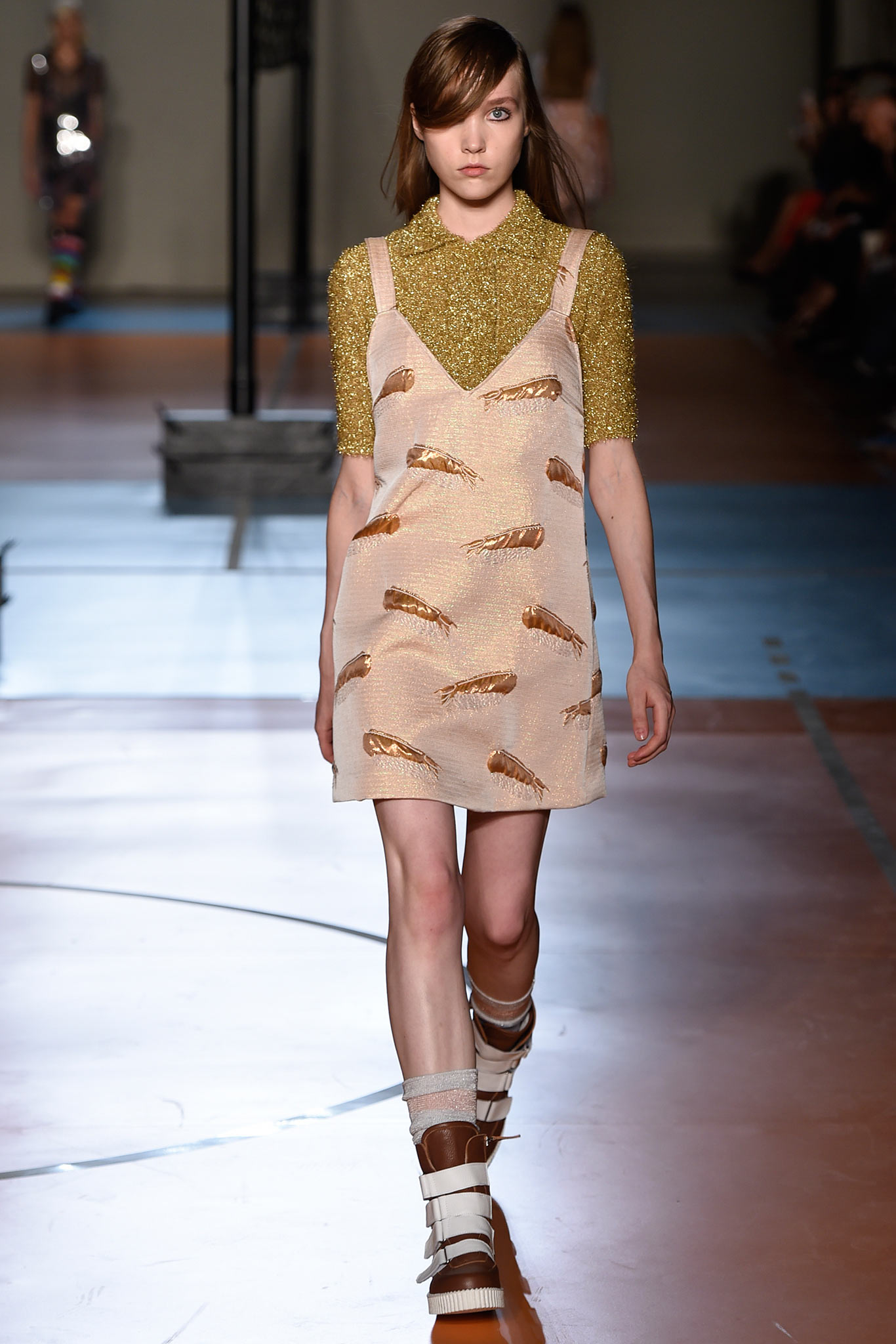 beige embroidered mini dress with gold top
