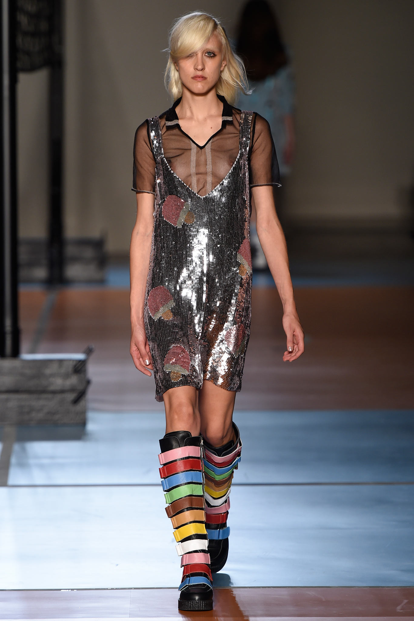 silver sequin sleeveless dress with multi boots