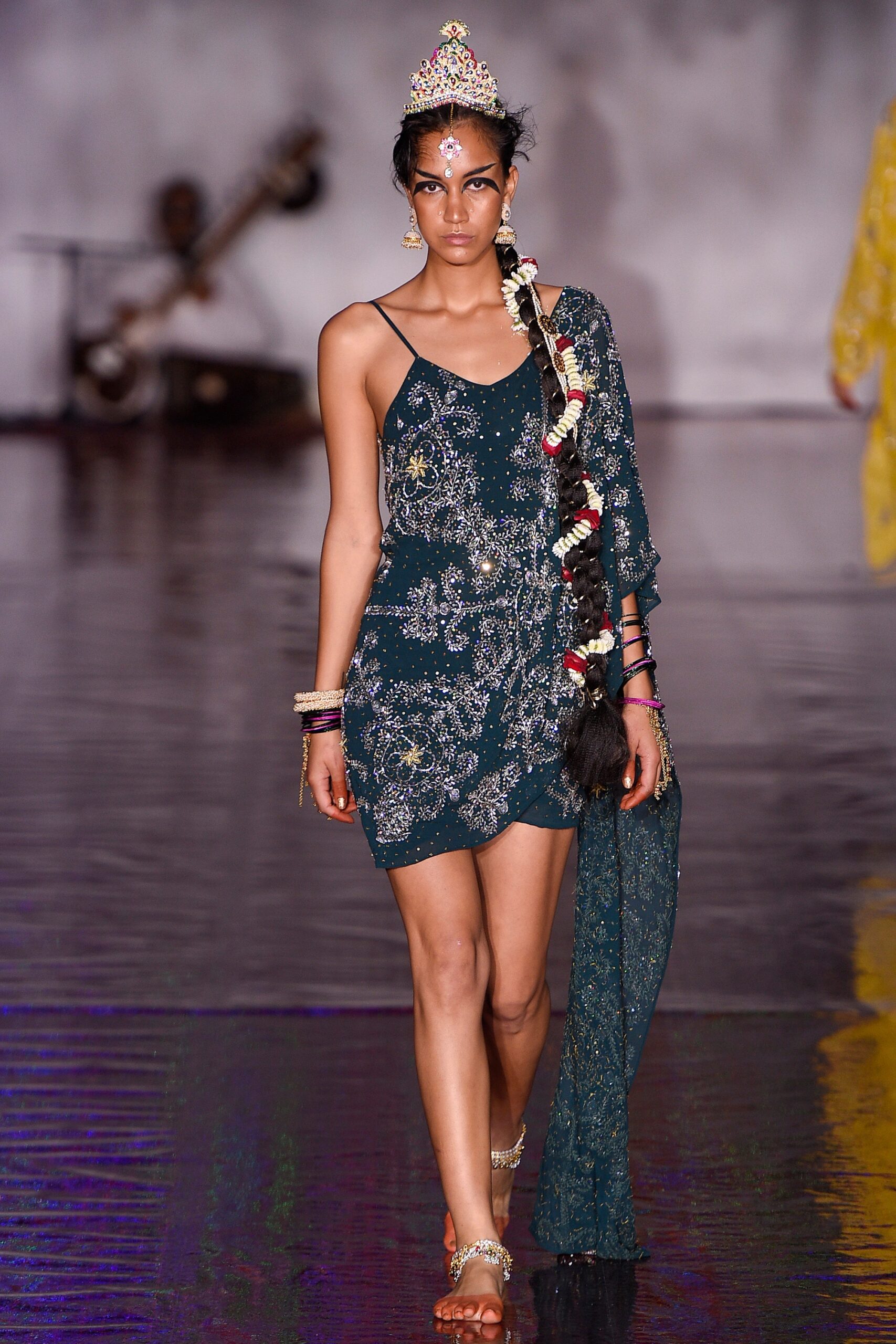 green embroidered mini dress with cape