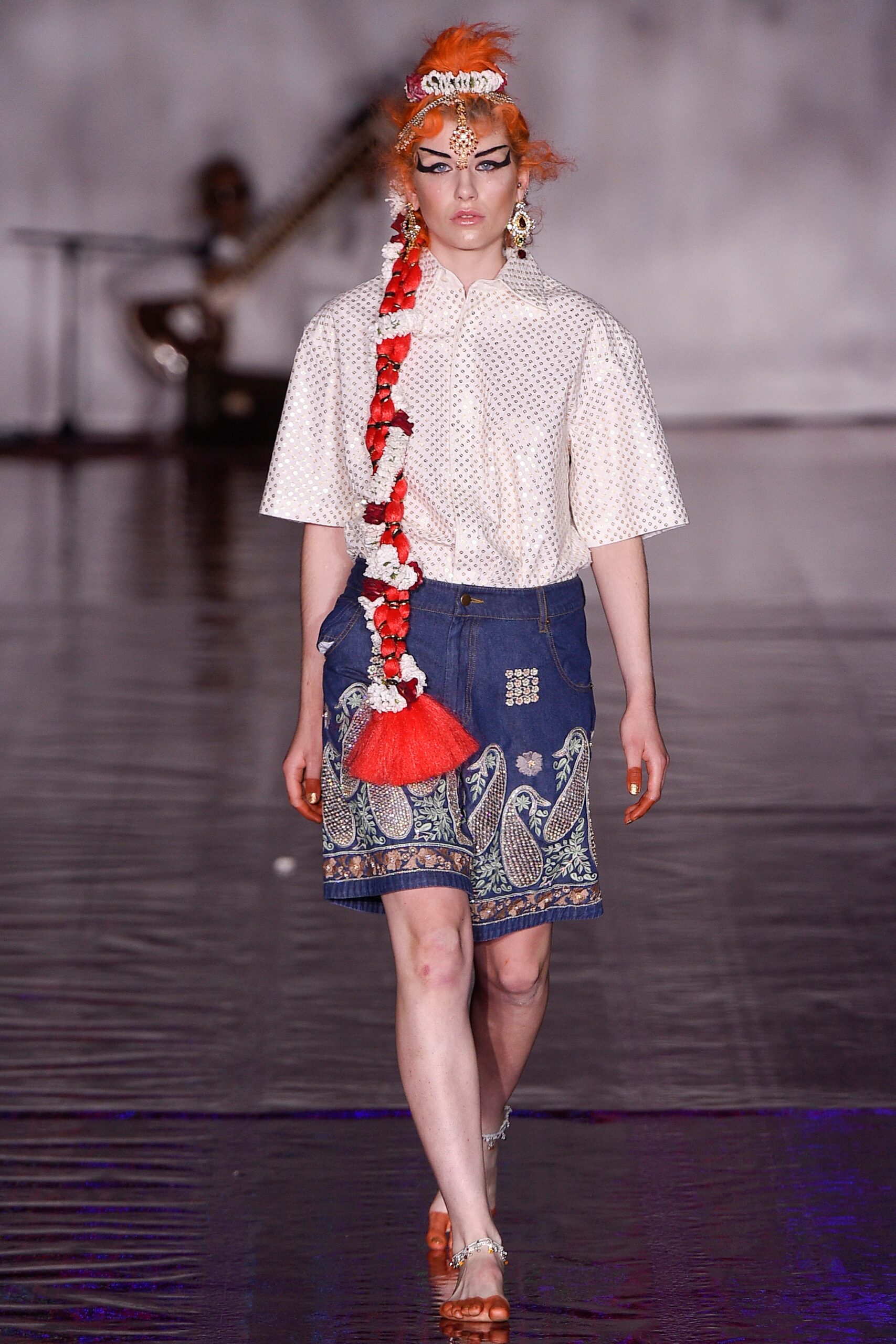 white cotton shirt and blue denim skirt