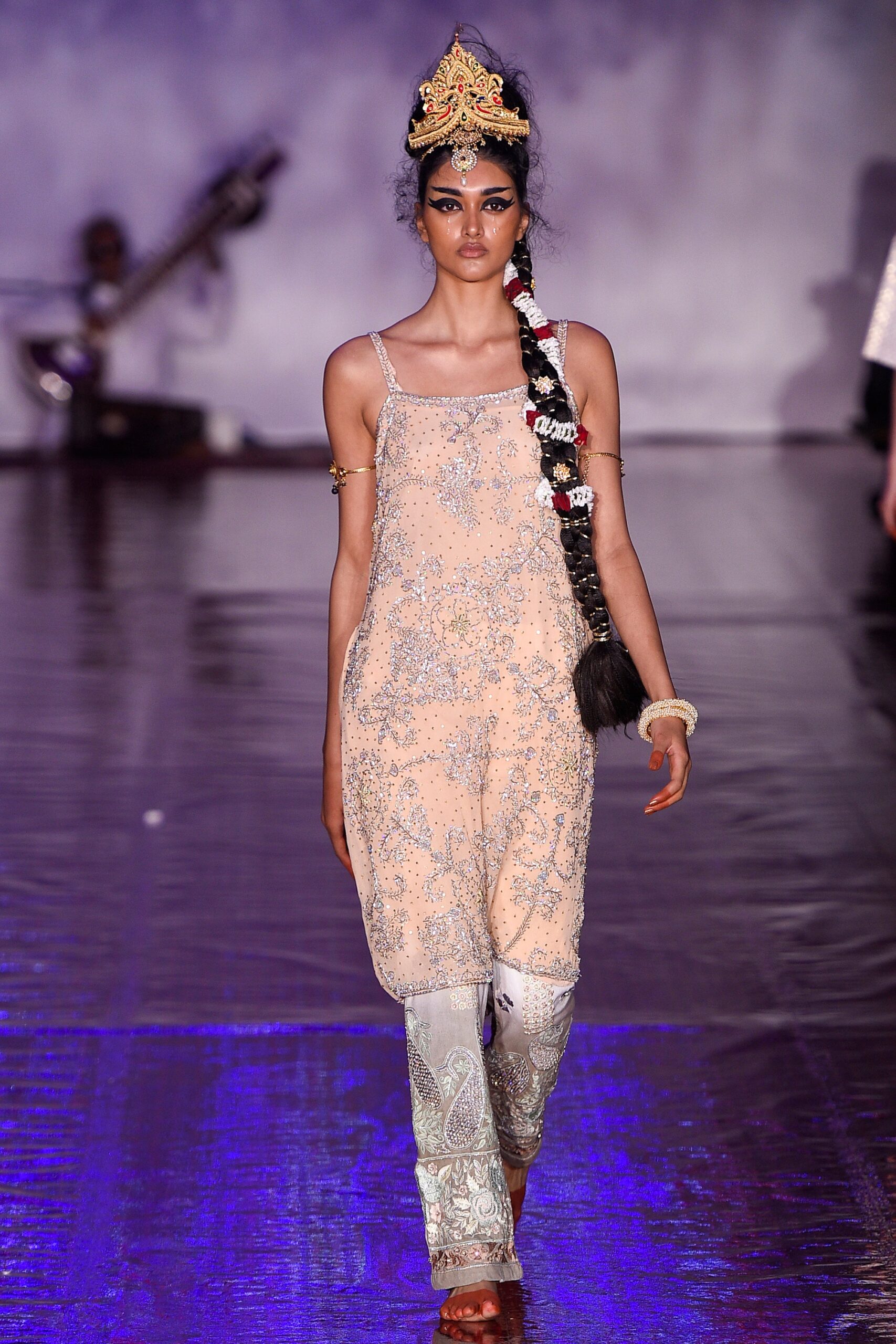 beige embroidered silk jumpsuit