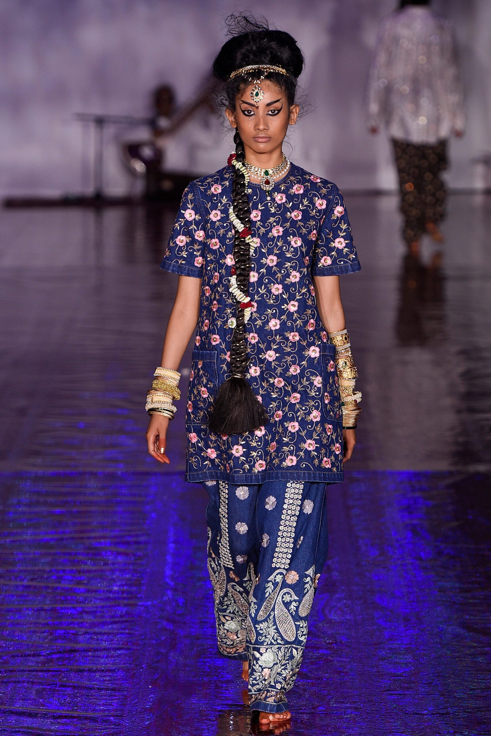 blue printed top with flared pants