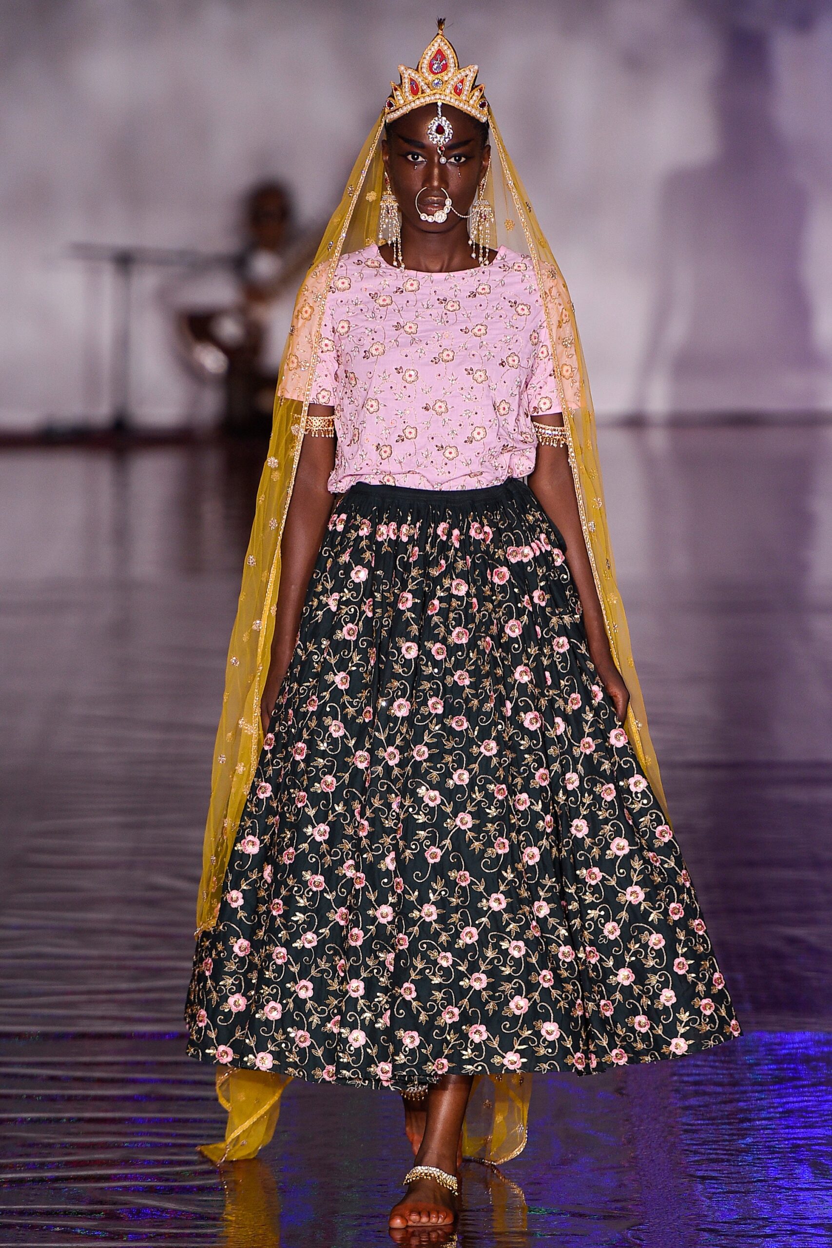 pink embroidered top with floral skirt