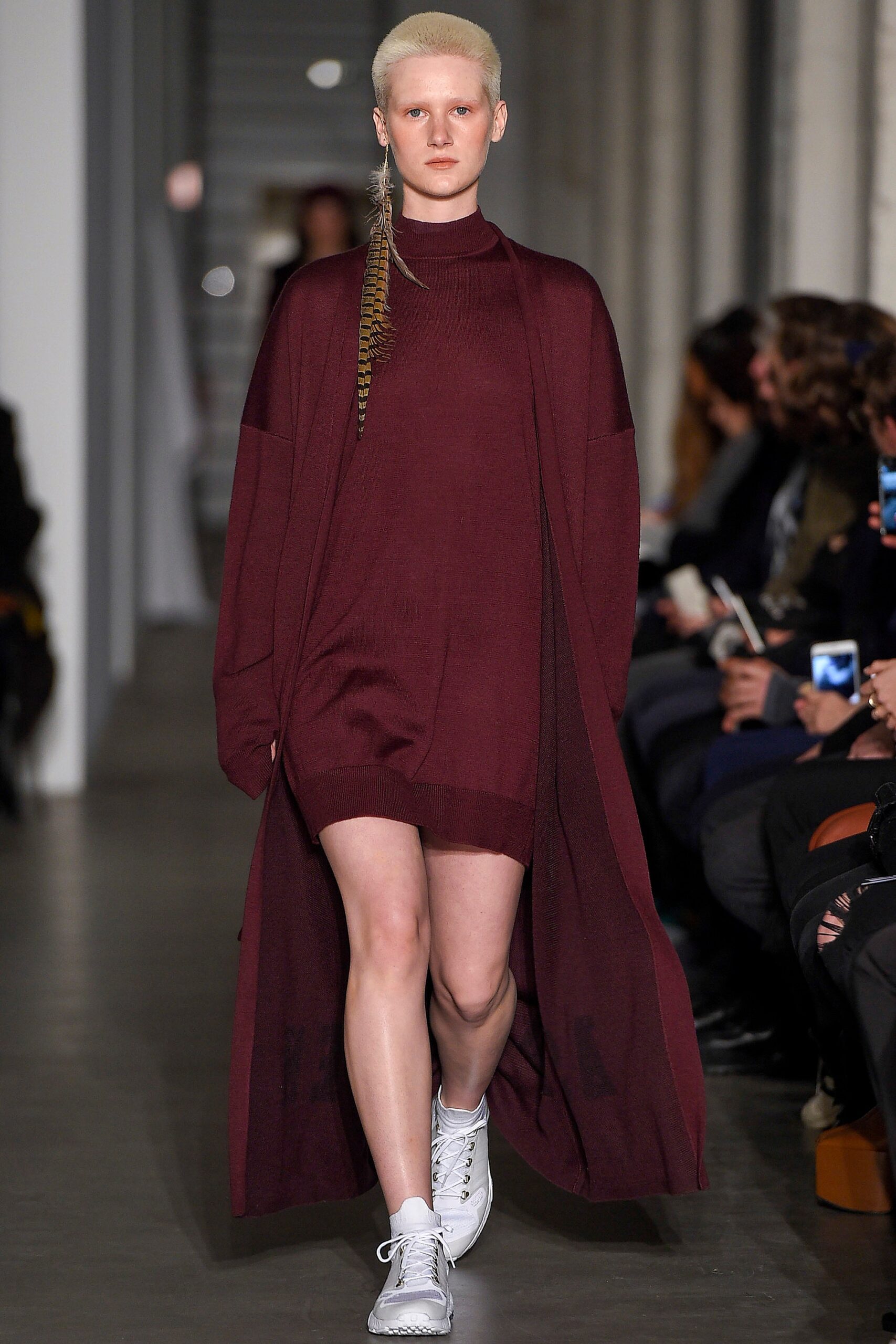 maroon oversized coat and dress