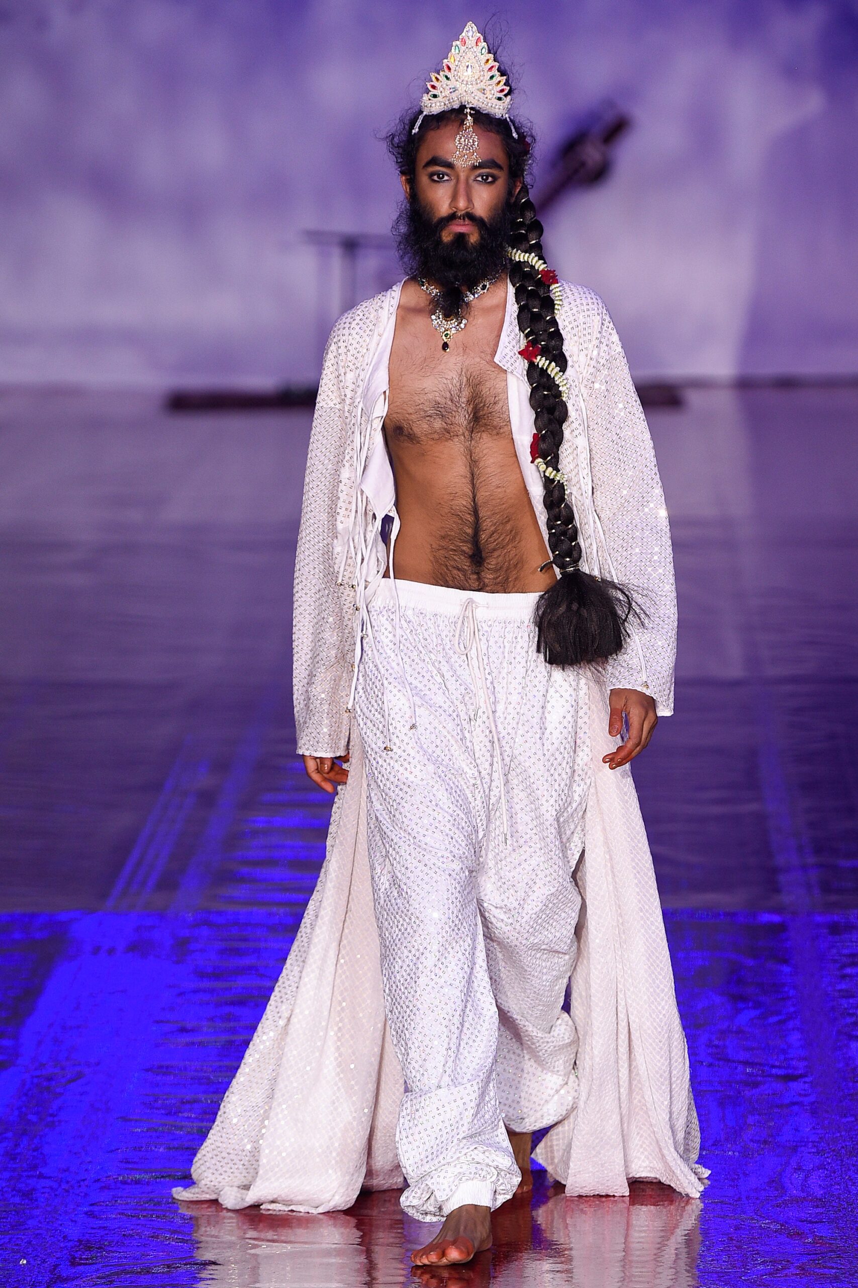 white embroidered silk coat and pants